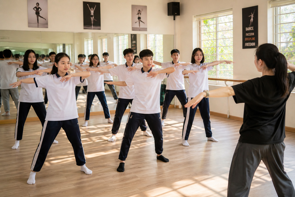 Học sinh tập luyện biên đạo đội hình