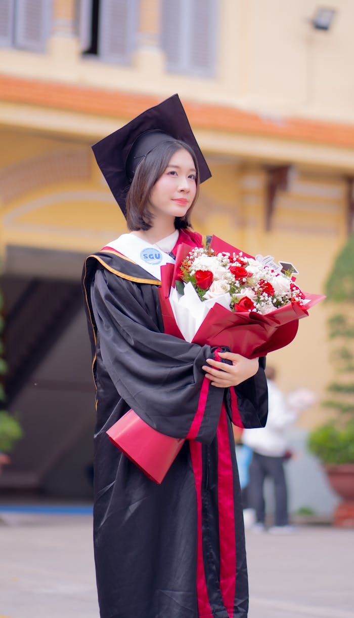 Proud graduate in cap and gown holding a bouquet of flowers outdoors, celebrating her achievement.